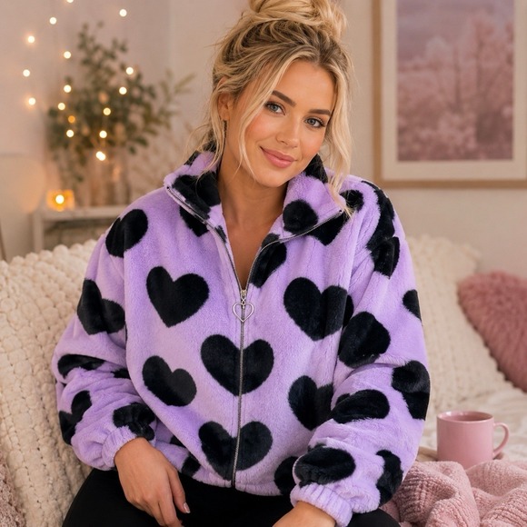I Believe Jackets & Blazers - NEW I Believe Purple Heart Fuzzy Bomber Jacket Feminine Cozy Special Occasion 1X